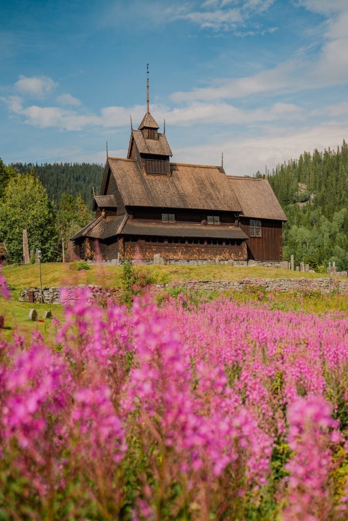 A stunning Norwegian stave church set amidst vibrant pink flowers under a blue sky.
